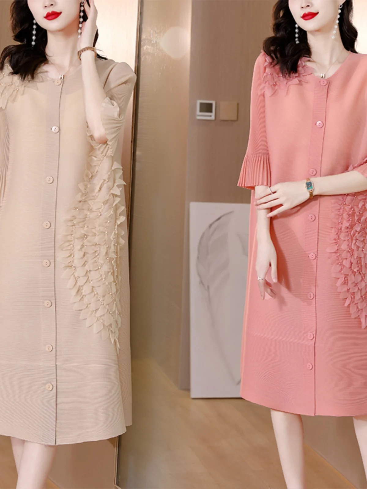 Ele Folded 3D Floral Dr Cardigan Sle Midi Skirt for Autumn Season High End Faion Design A-Line Silhouette V-Ne