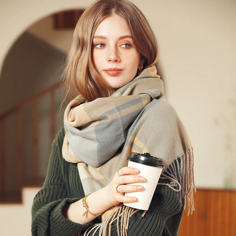 ELAIFRUIHAO Luxury Brand 185X65cm Plaid Imitation Cashmere Scarf 2023 New Winter Scarf Women\'s Shawl Thickened Warm Tassel Neck