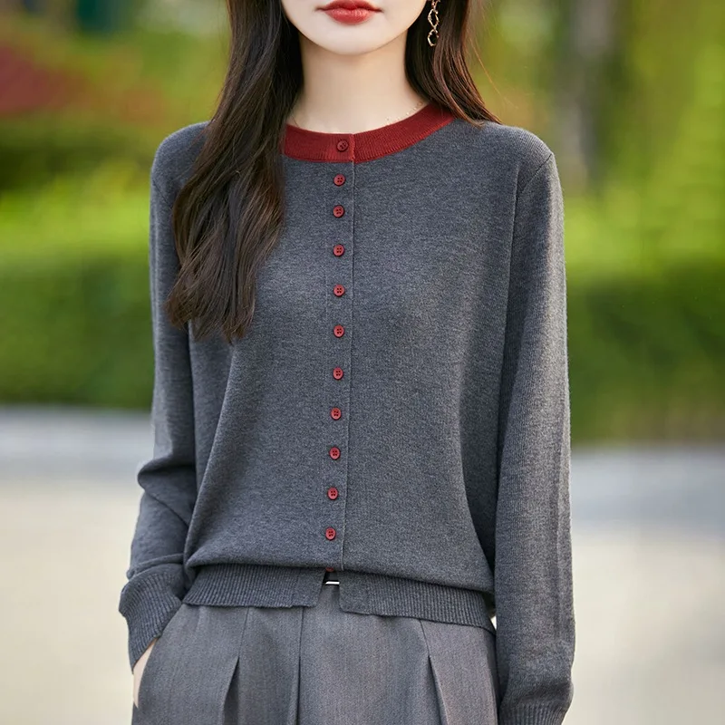 

2025 модный элегантный стиль для поездок на работу, цветной дизайн, женский вязаный шерстяной кардиган с круглым вырезом, верхняя одежда на пуговицах, весна