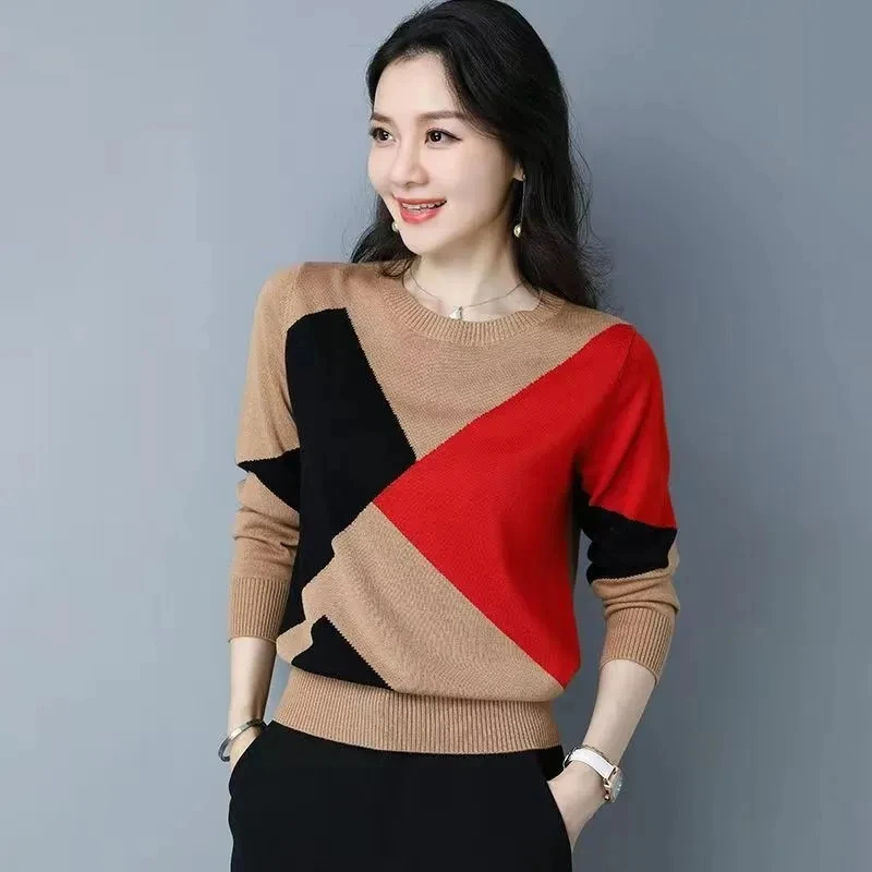 Elegant Fashion O-Neck Splicing Contrast Colors Knitted Pullovers for Women 2023 New Long Sweaters Sleeve Top Women\'s Clothing