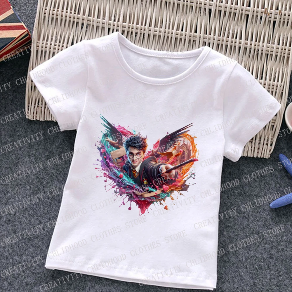 Camiseta de Harry Potter para niños y niñas, ropa de película mágica, dibujos animados Kawaii, camisetas informales de manga corta, 2024