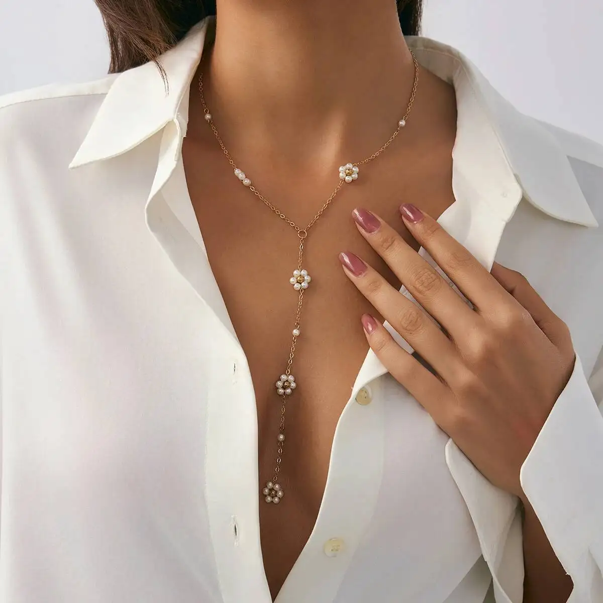 Salircon 2025 Yshaped تقليد اللؤلؤ زهرة صغيرة قلادة المرأة شرابة طويلة CCB عقد من اللؤلؤ أنيقة Y2K مجوهرات هدية الزفاف #3