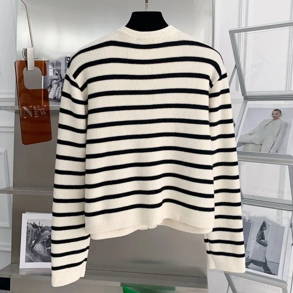 

Long Sleeve Striped Cardigan Shirt Sweaters Preppy Style Single Breasted Crochet Sweaters Front Button Ladies Short Tops