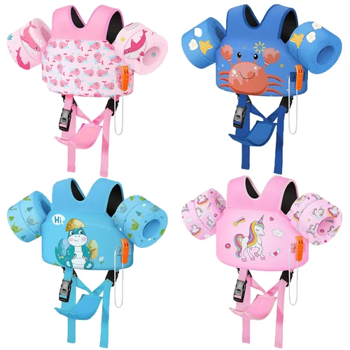 Chaleco de natación para niños pequeños, flotadores de brazo de natación de 15-70 libras, alas de agua de natación de dibujos animados con correa en la entrepierna, chalecos flotantes para piscina para niños