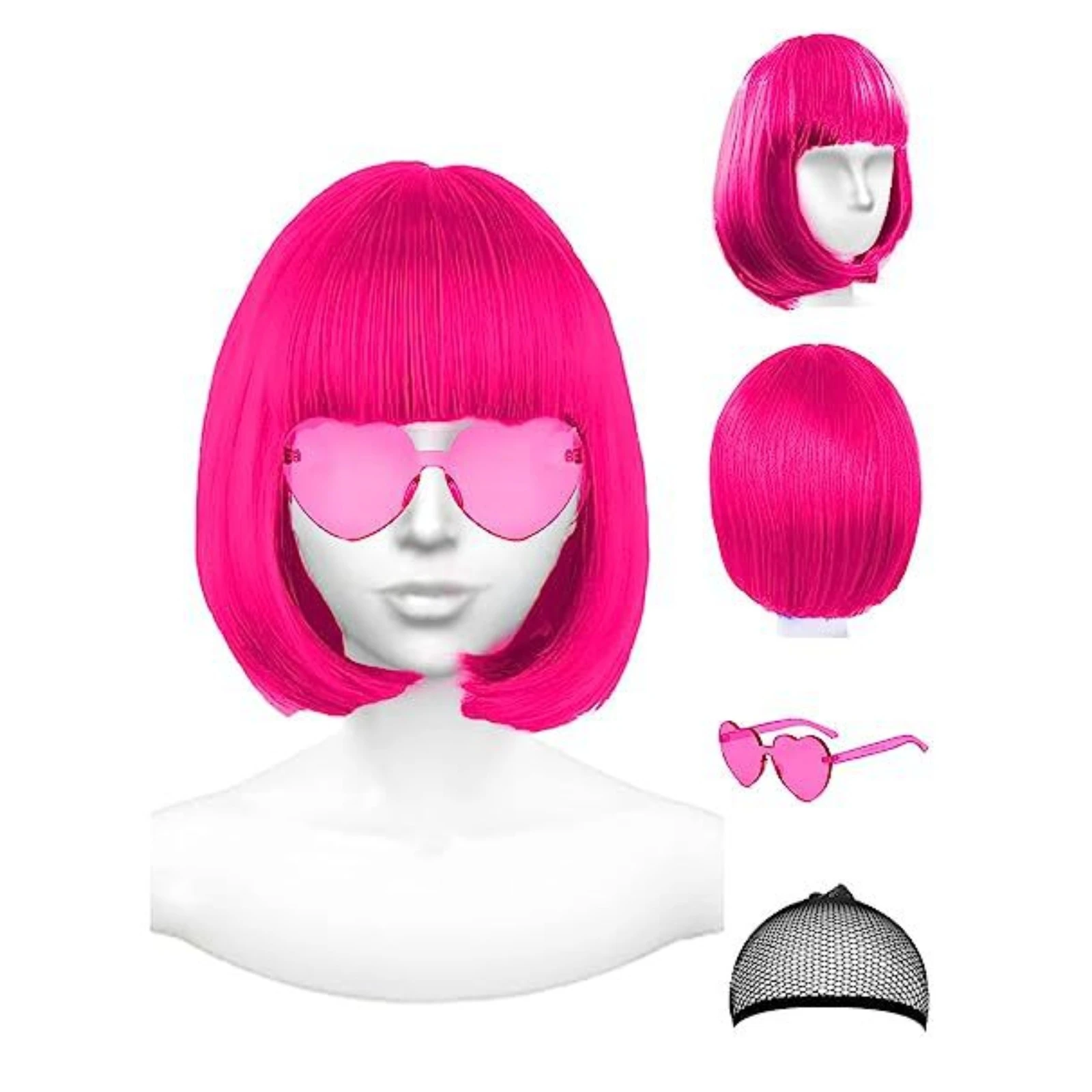 Parrucca cosplay Bob con occhiali da sole a cuore e berretto per capelli Parrucche corte colorate da donna Copricapo divertente Accessorio per feste in costume di Halloween