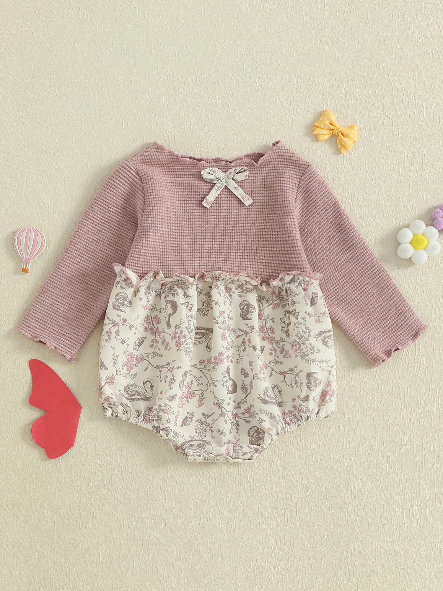 Toddler Girl Winter Warm Jumpsuit Long Sleeve Round Neck Floral Print Patchwork Romper Outfit for Casual Wear