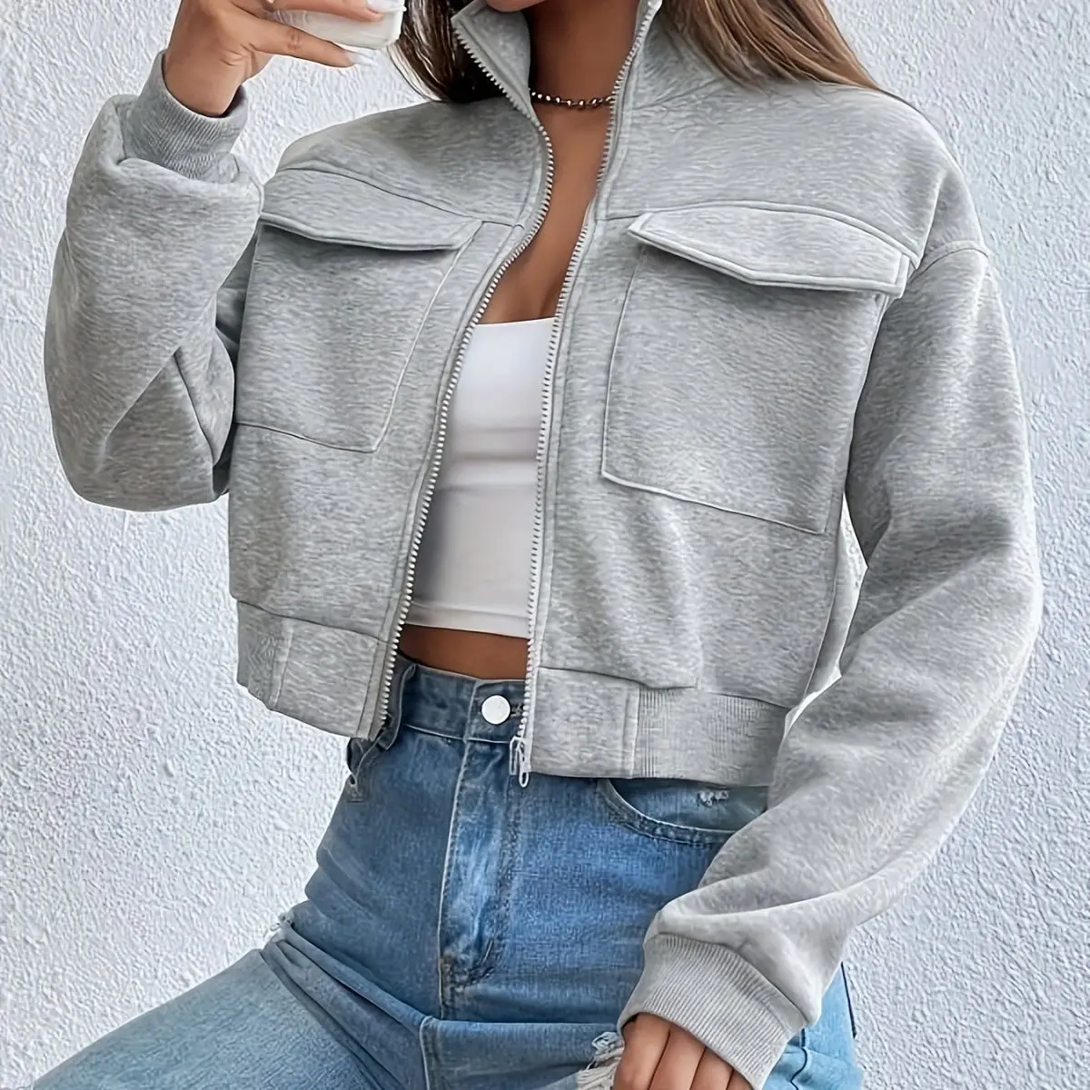 American Tooling Pocket Loose Waist Sweater Jacket Spice Girl Street Stand-Up Collar Versatile Casual Zipper Short Jacket