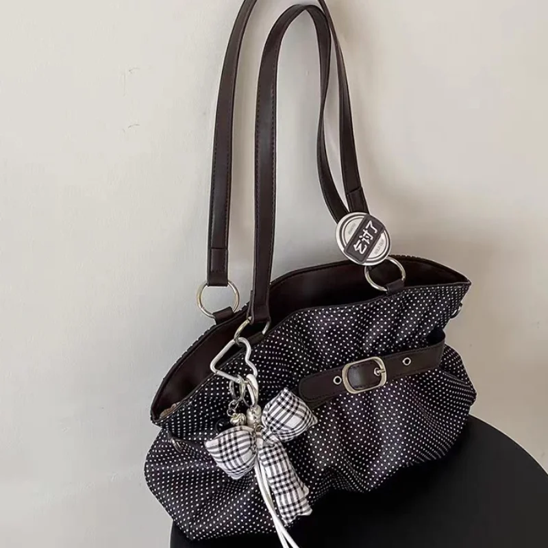 

Korean Style Polka Dot Shoulder Bag For Women Large Capacity Pleated Hobo Bag With Bow Decor Casual Daily Commute Soft Tote Bag