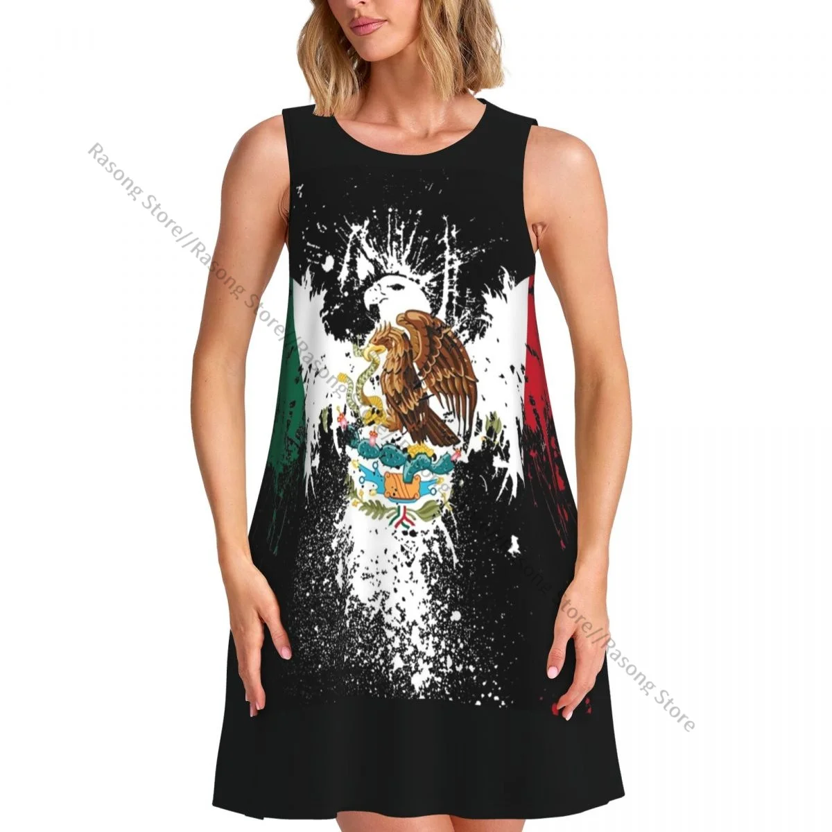 Women's Dress Mexico Flag Eagle Summer Casual T Shirt Beach Cover up Tank Dress