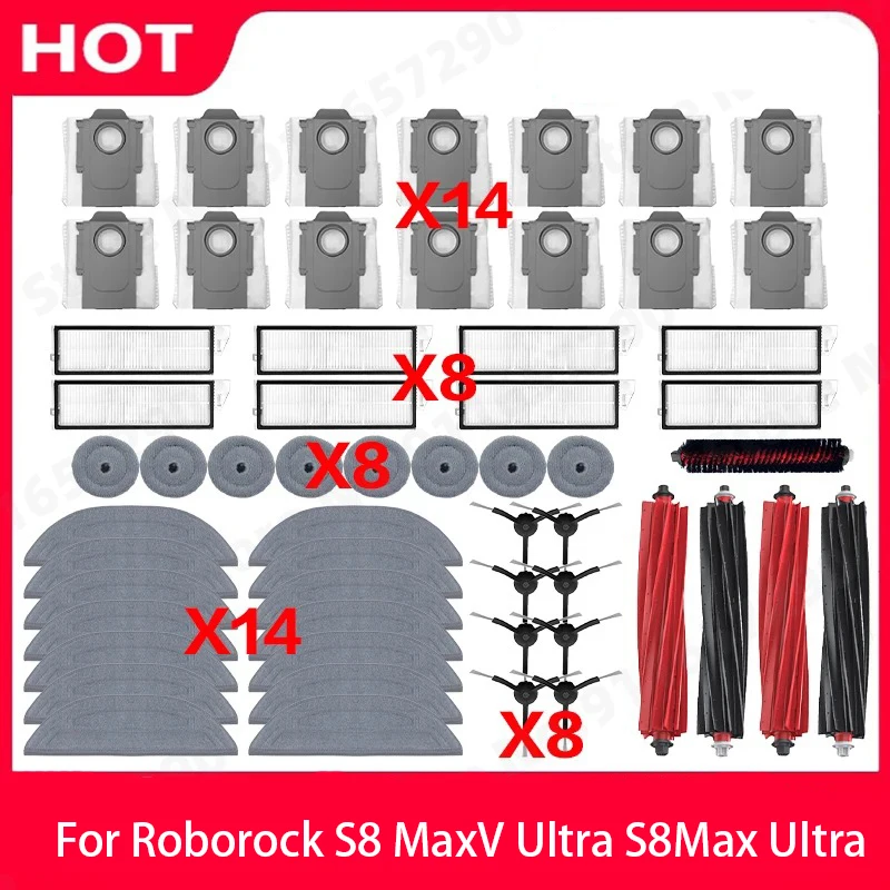 Kompatibel mit Roborock S8 MaxV Ultra, S8 Max Ultra Ersatzteile Hauptbürste Seitenbürste Hepa-Filter Wischtuch Staubbeutel Zubehör