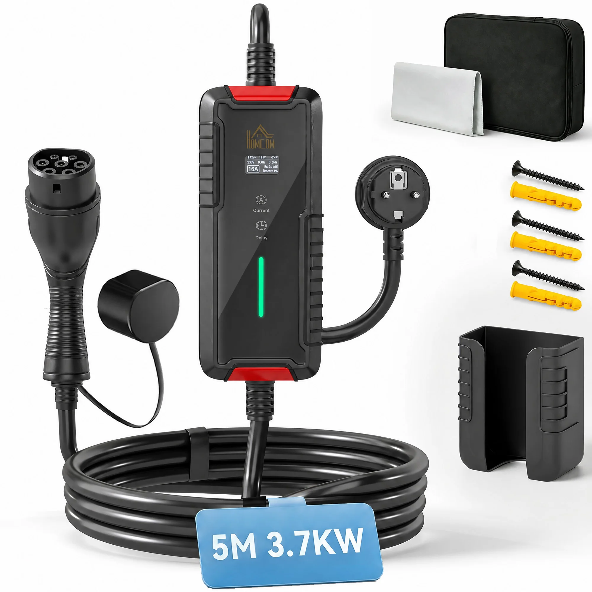 Image of Homcom Elektroauto-Ladegerät 3,7 kW, 5m, 6-16A, Typ 2 EV-Ladegerät mit Schuko-Stecker, LCD-Display, IP65, 1-12h Timer, Wandmontage, Tasche, Reinigungstuch für EV und PHEV