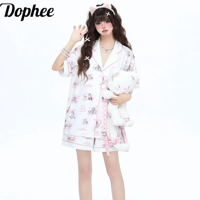 

Dophee Original Women Loose Pajamas New Spring Summer Short Sleeve Comfortable Pajama Set Cute Cats Top + Shorts Loungewear Suit