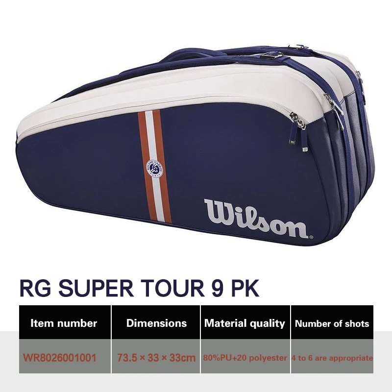 Wilson Roland Garros Tour 2024 Design Tennis Bag Team 4-9 PK Navy Lightweight Tennis Racket Bag with Shoes Pocket