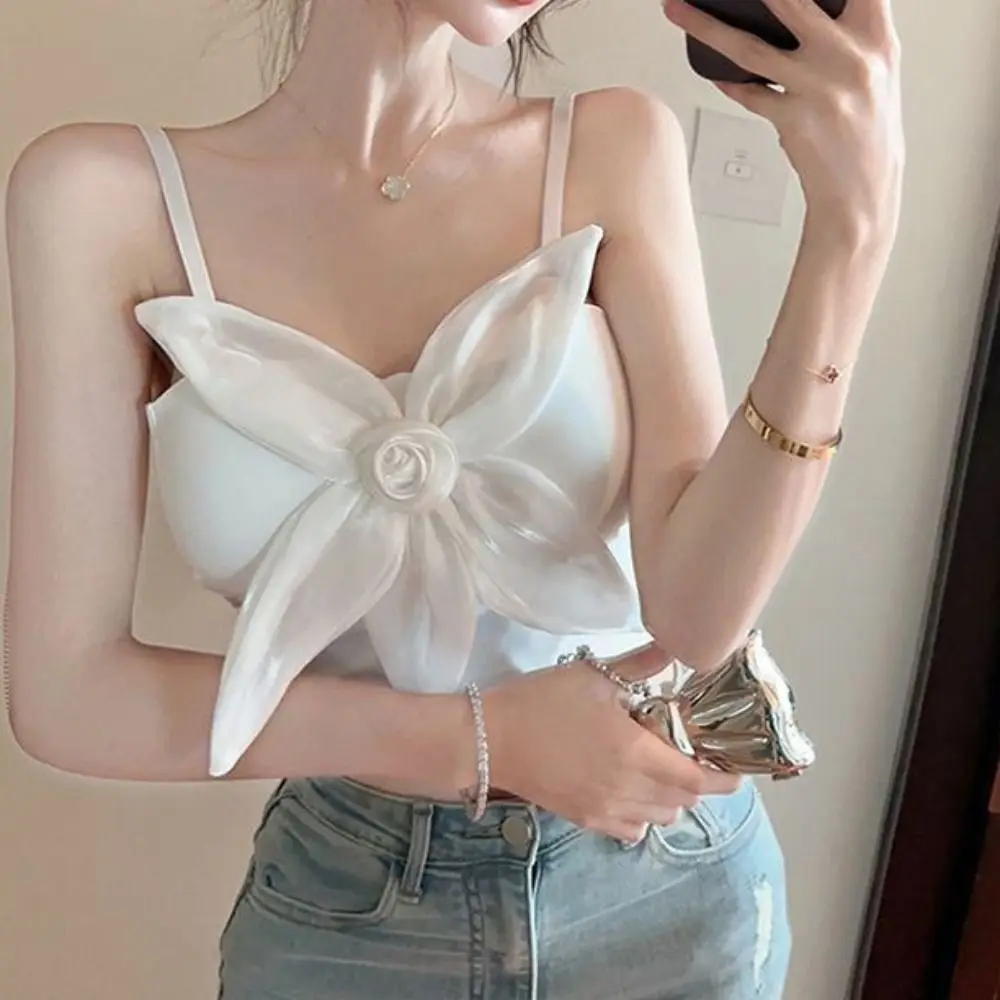 

New Nylon Rose Flower Tank Top 3D Sleeveless Crop Top Solid Color Off-Shoulder Camisole Women
