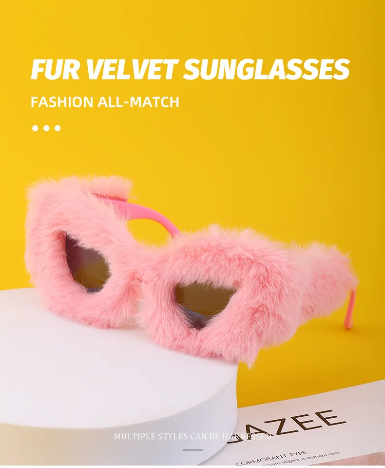 Modische Katzenaugen-Sonnenbrille für Damen 2026 Luxus-Markendesigner Rosa Weiche Fell-Samt-Sonnenbrille für Damen Handgefertigte Plüsch-Brillen – Detail 3