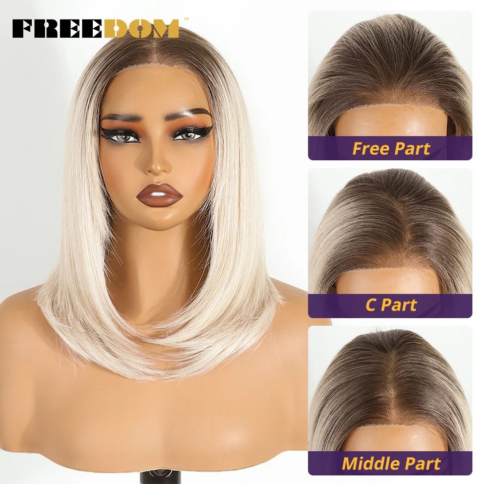 FREIHEIT Synthetische Lace-Front-Perücken für Frauen, kurzer Bob, geschichtet, gerade, 6 x 4, Wear And Go, leimlose Perücke, Ombre, vorgezupfte Spitzenperücken – Detail 5