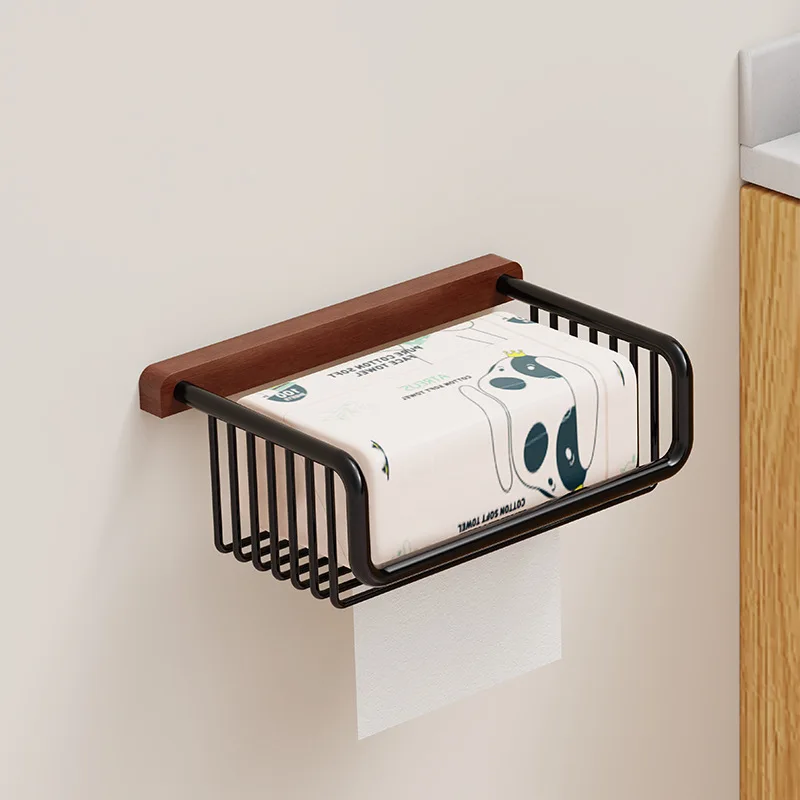 스칸디나비아 화장지 홀더 - 뚜껑이 있는 목재 및 등나무 벽걸이형 티슈 디스펜서, 드릴 없음 욕실 보관 바구니