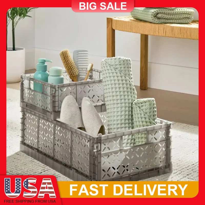 

Large Collapsible Storage Bin Gray Stackable Organizer Crate Foldable Plastic Container for Home Garage Closet Organization