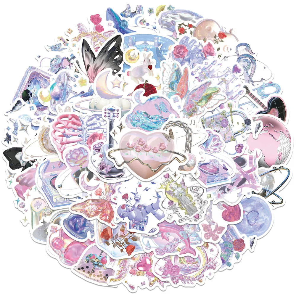 10/30/50pcs INS Style Dreamy Crystal Heart Cartoon Stickers Cute Aesthetic Graffiti Decal DIY Phone Scrapbook Decoration Sticker