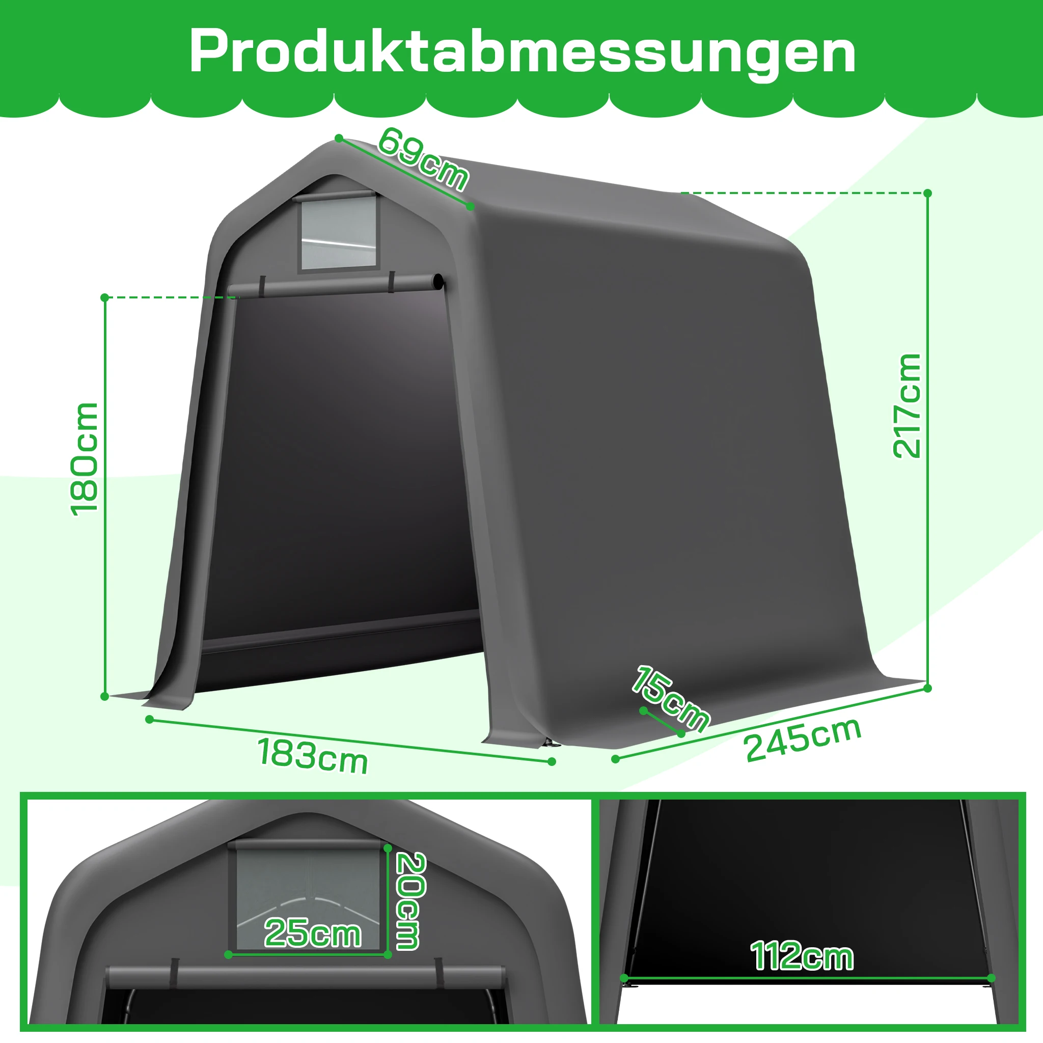 Grijze fietsopbergtent 245x183x217cm, gebruik voor behuizing, motorfiets of carport, winddicht waterdicht PE-materiaal met jaloezieën