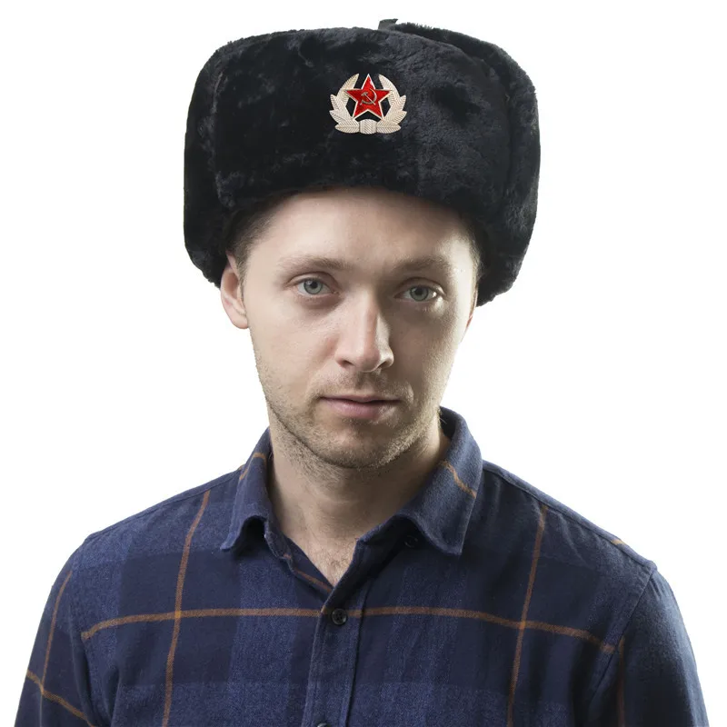 Men\'s Winter Soviet Badge Lei Feng Hats Russian Ushanka Hat Outdoor Warm Thicken Faux Rabbit Fur Windproof Snow Caps