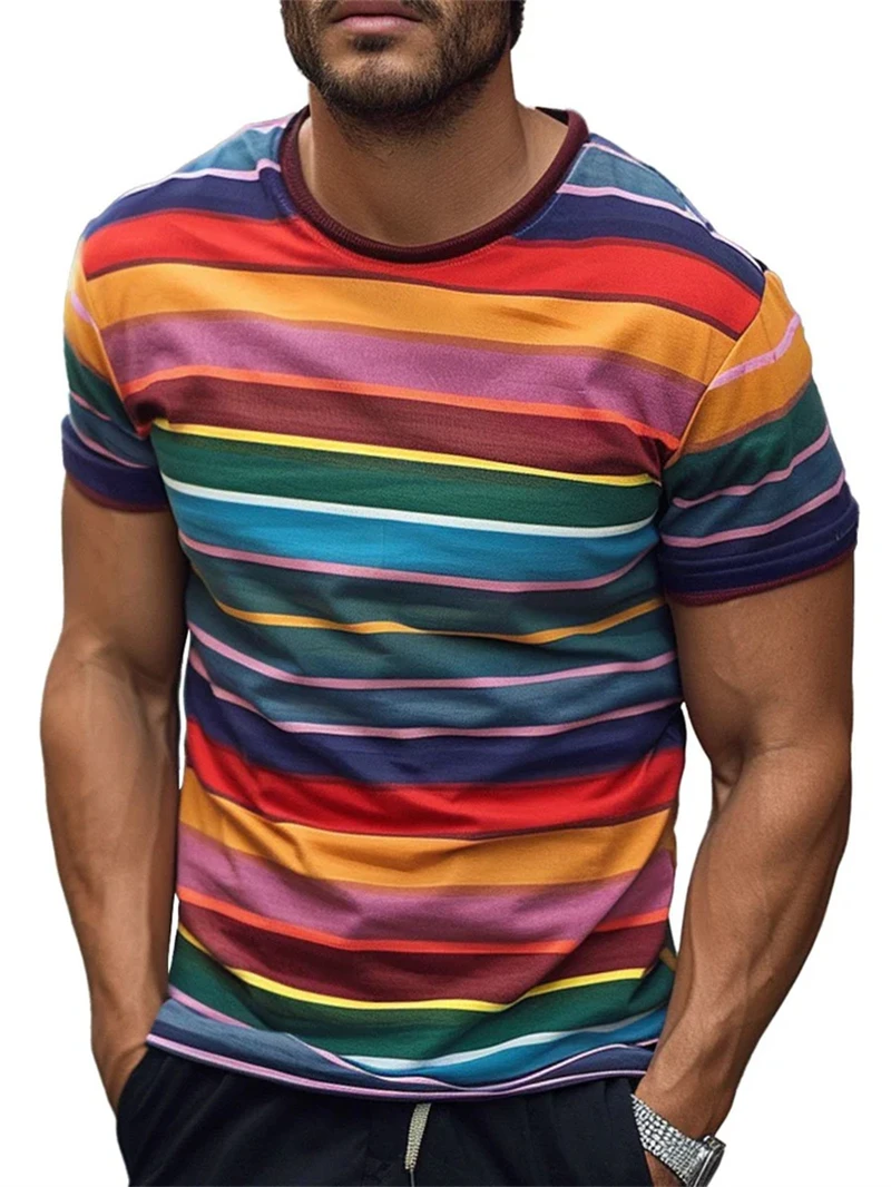 

Fashion Colorful Stripe Printed T-shirt Classic Versatile Short Sleeve Tees Trend Cool Men Clothes Casual O-neck Tops Daily Wear