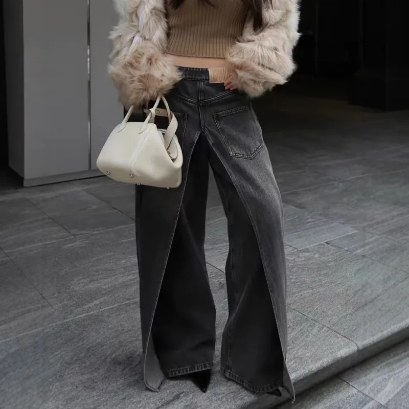 ANJY Autumn Winter New Women American Temperament Ins Reversible Jeans Y2K High Street Trendy Casual Wide-Leg Denim Pants A14721