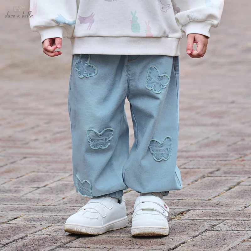 Dave Bella Children's Jeans Spring Fashion Casual Loose Sweet Cute Butterfly Girl's Cowboy Pants Comfortable Outdoor DB1250845