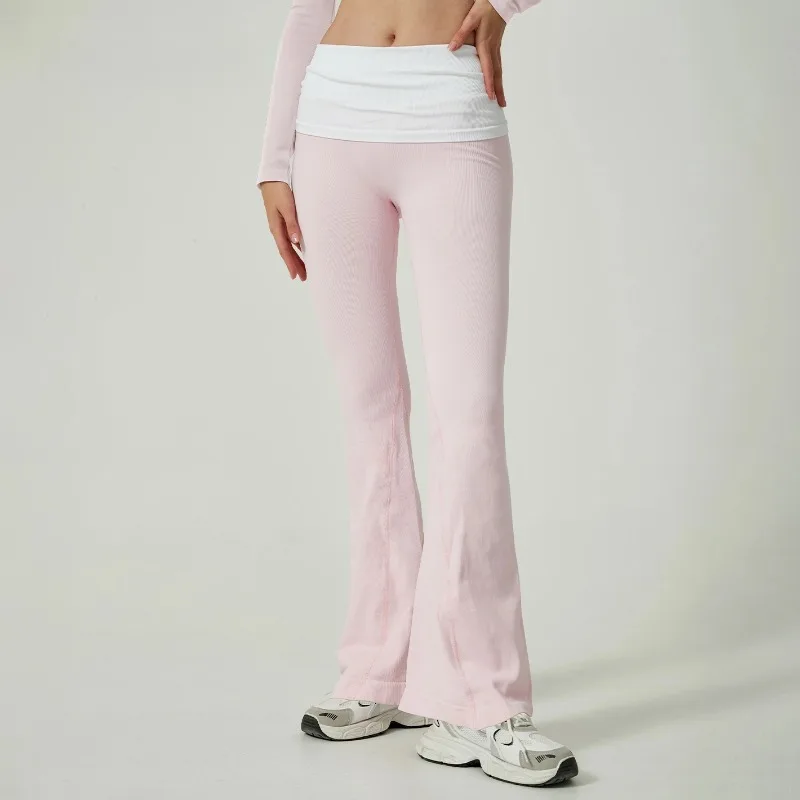 Pantaloni da yoga svasati con cintura pieghevole a blocchi di colore a vita alta senza cuciture da donna Leggings sportivi casual con gamba larga per sollevamento bottino
