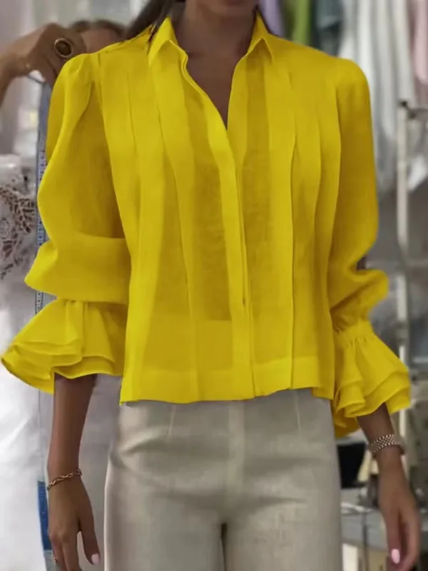 

2025 Casual And Versatile Women's Shirts Fashionable Solid Color Lapel Half-sleeved Loose Tops Autumn New Commuter Clothing