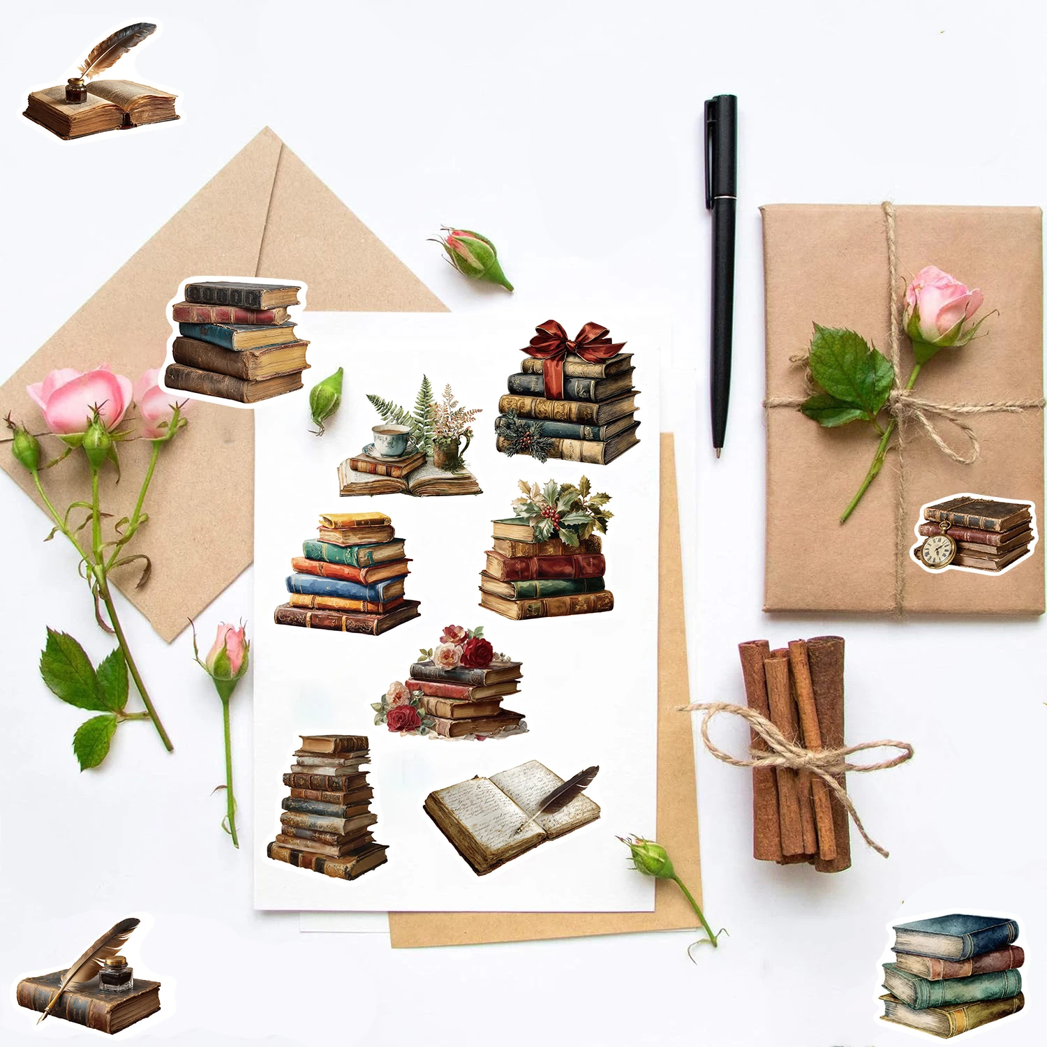 50PCS Sticker Vintage Books Print Cartoon Decals Laptop Luggage Scrapbook Landscape Phone PVC Graffiti Decorative Stickers