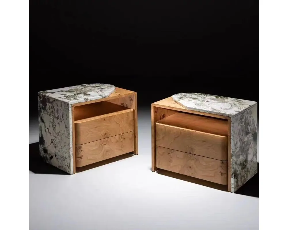 Italian minimalist travertine solid wood bedside table, modern light luxury designer home bedroom storage cabinet, bedside table