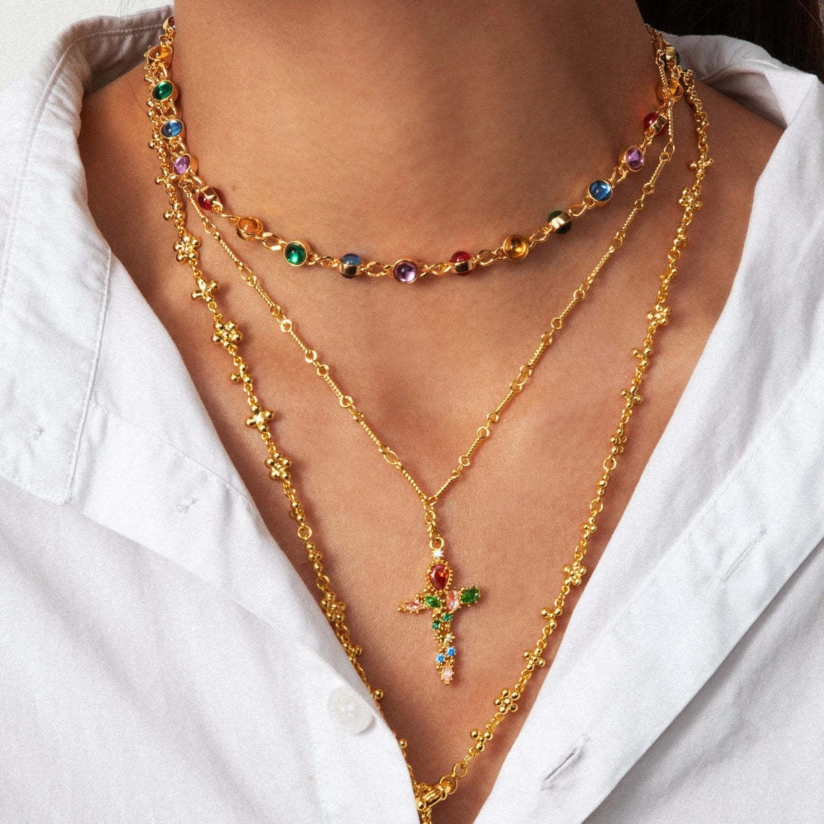 

Fashionable and colorful zircon cross necklace with copper material gold-plated and color preserving