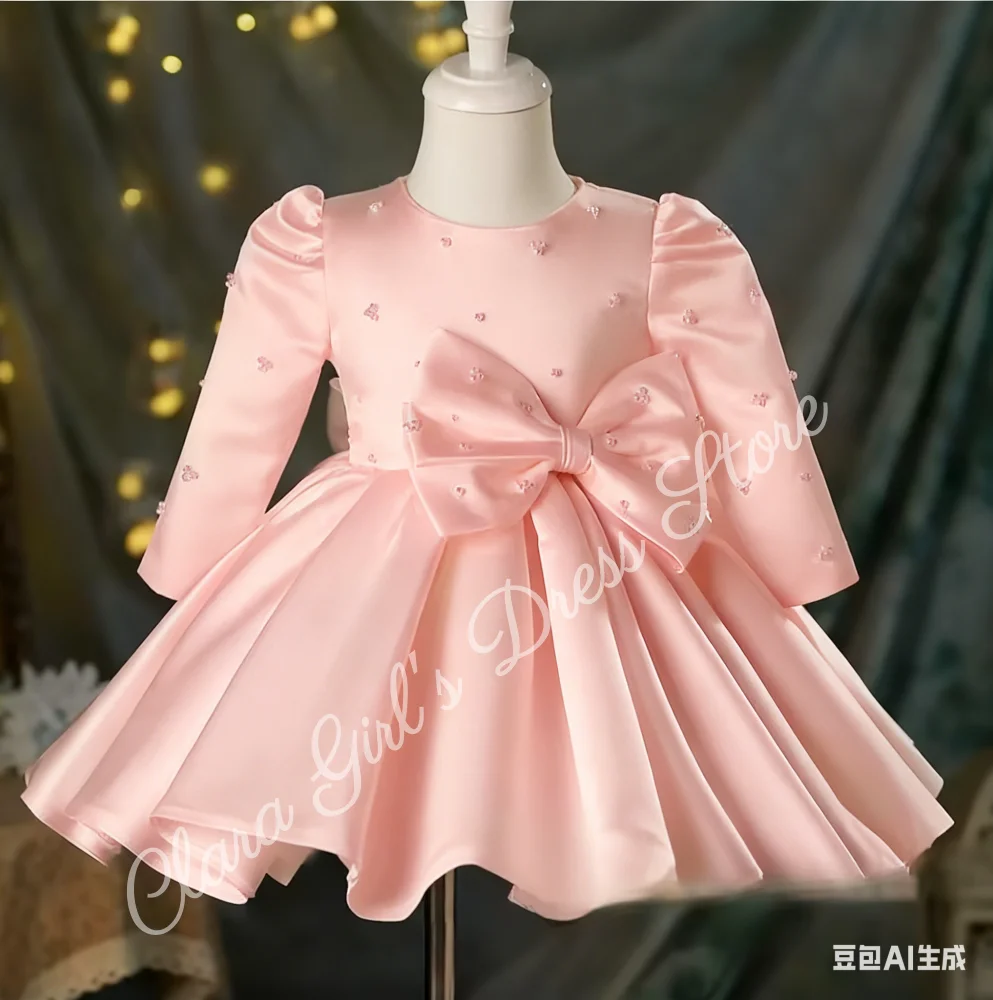 

Birthday Dress For Baby Girl Pearl Long Sleeve Baby Baptism Dress Bow Tutu Princess Girls Dress For Party And Wedding Gowns