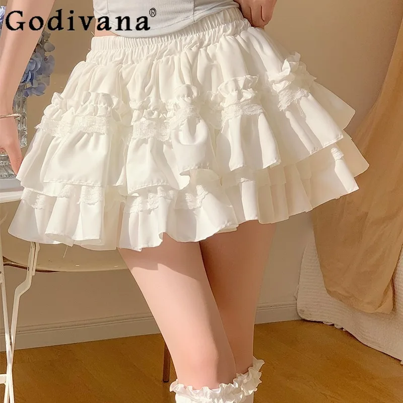 

White Lace Cake Puff Lolita Skirt for Women Japanese Style Sweet Half A Line Skirt Female High Waist Ballet Style Short Skirt