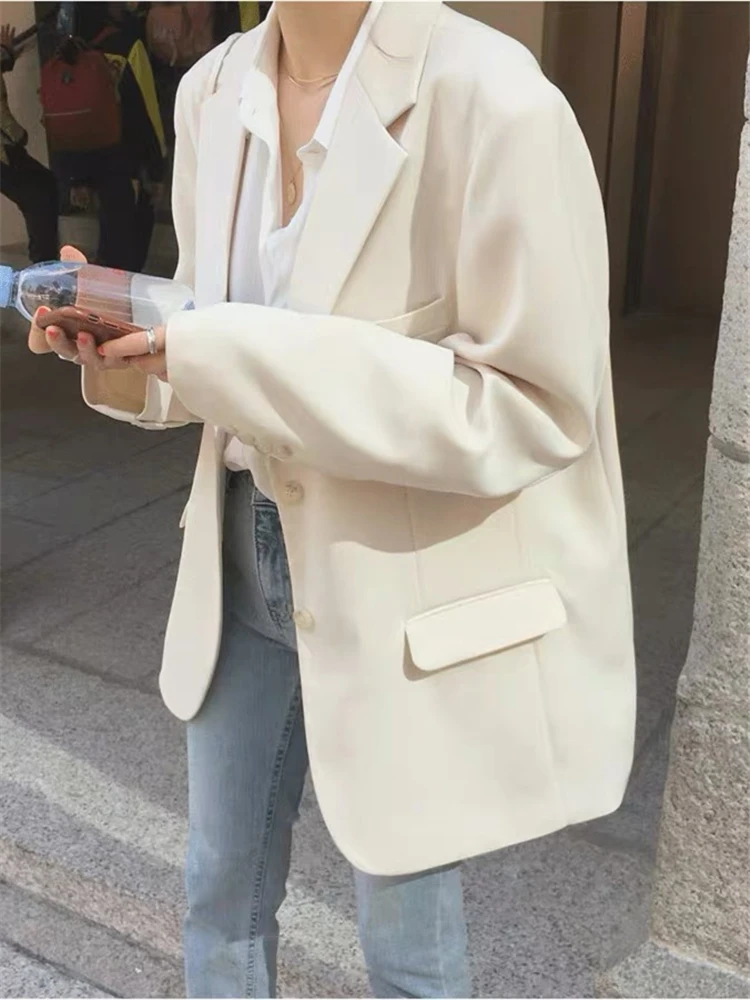 REALEFT White Elegant Women's Blazer Autumn Winter 2023 New Single Breasted Fashion Casual Loose Ladies Workwear Outwear Female