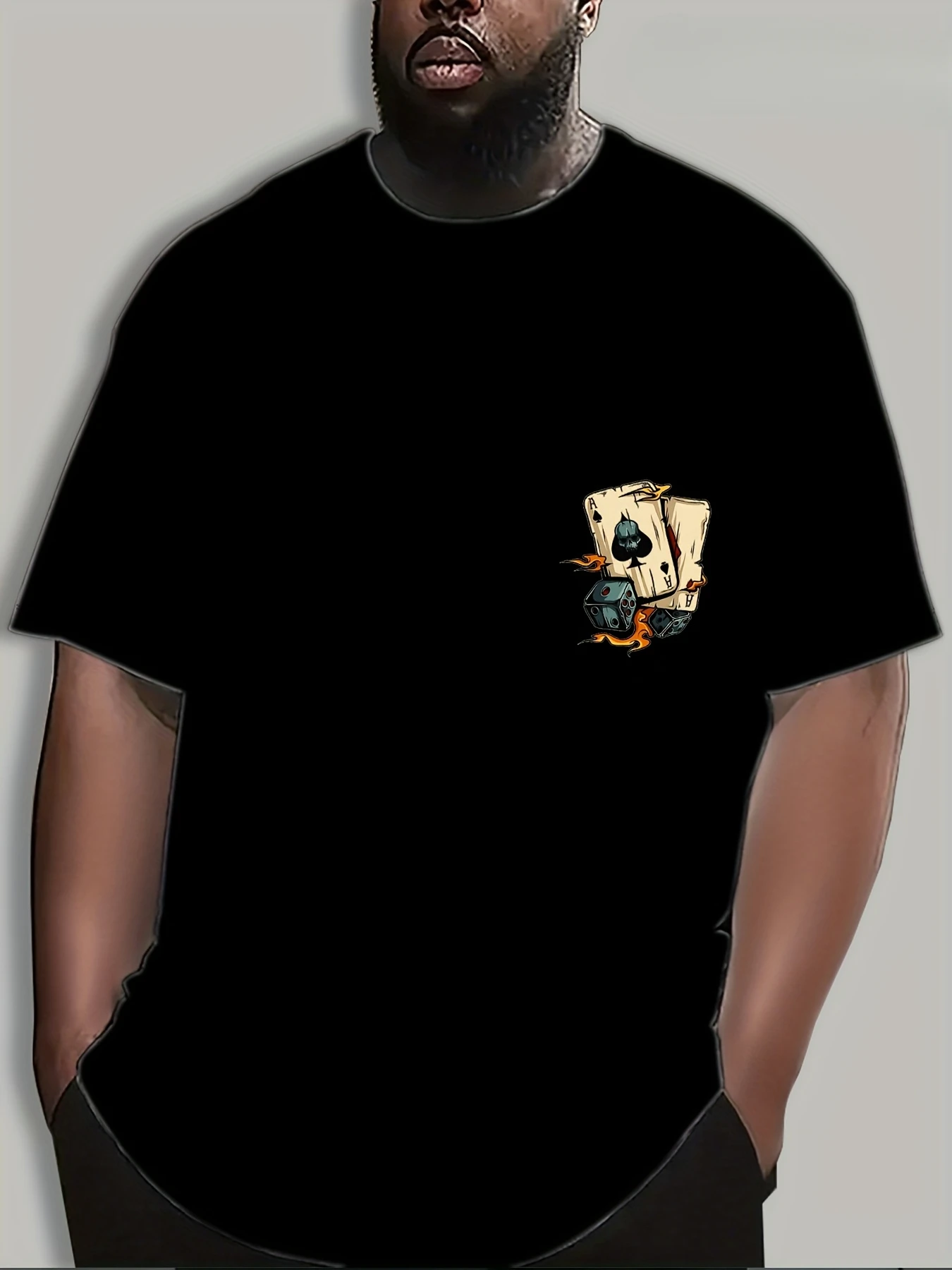 Men'S Black Short Sleeve Crew Neck, Black Poker Dice Pattern Tee, Trendy Casual Positioning Daily Outing/Friends Gathering Top