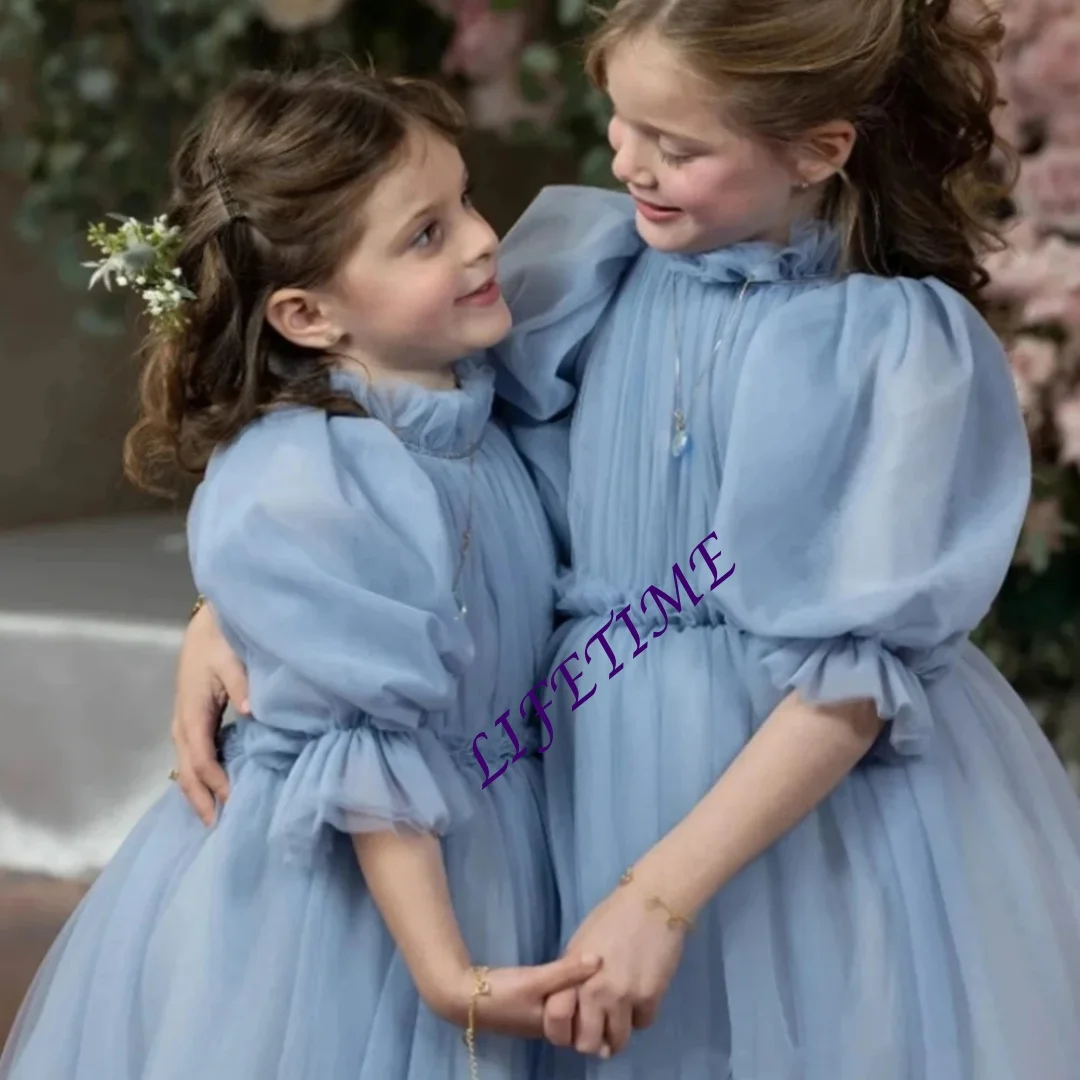 Vestido personalizado de niña de flores gris y azul para boda, cuello alto, mangas 3/4, tul hinchado, fiesta de cumpleaños para niños, Pag de primera comunión para bebé