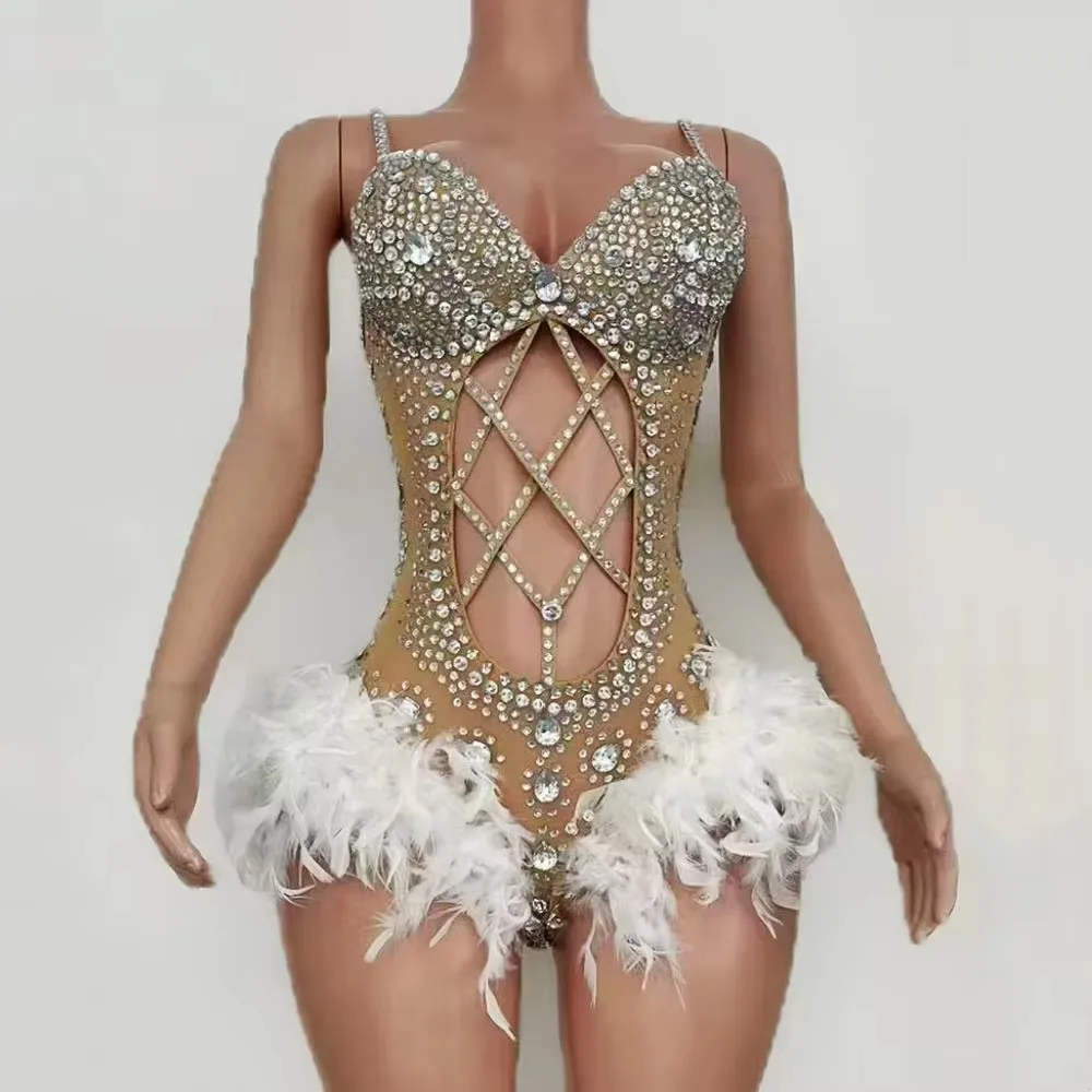 ชุดบอดี้สูทผู้หญิงสุดเซ็กซี่หรูหรา ประดับเพชร ตัดเย็บด้วยขนนก ชุดรัดรูปประดับคริสตัล สำหรับงานปาร์ตี้ไนต์คลับ การแสดงบนเวที ชุดคอสตูมแดร็กควีน