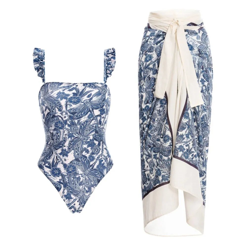 Sexy blue-and-white porcelain Print 2024 Designer Bikini One Piece Swimsuit and Skirt Cover Up Bodysuit Monokini Swimwear Beach