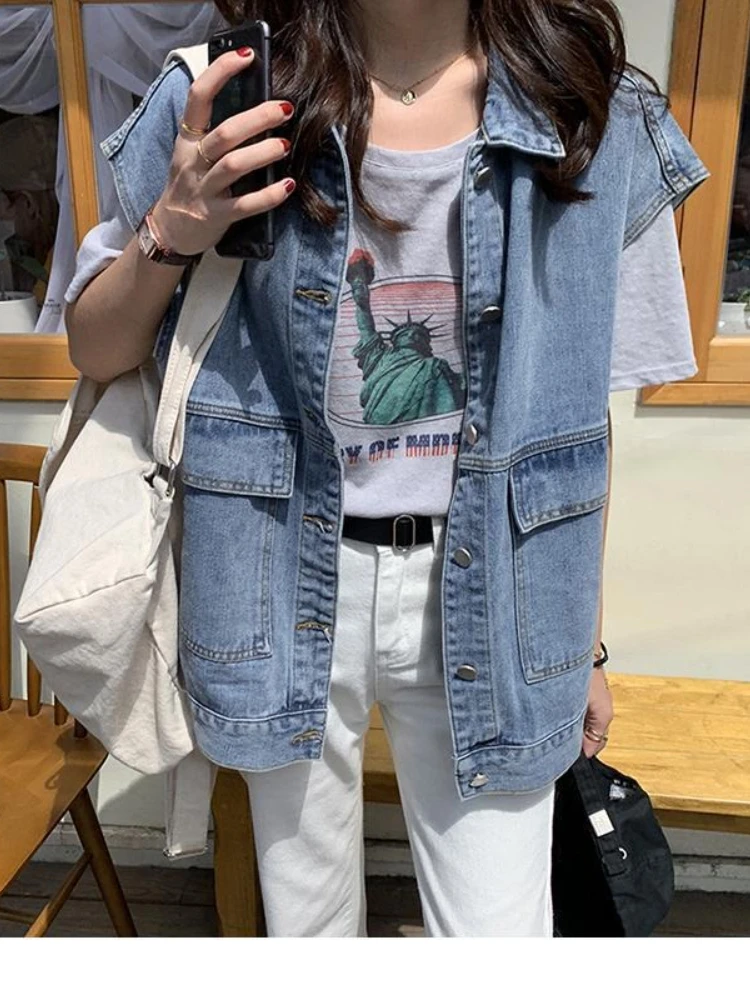 Koreanische Modeweste für Damen, Knopfverschluss, übergroße Oberteile, 2025, neu im Frühling und Sommer, ärmellose lässige Jeansjacke