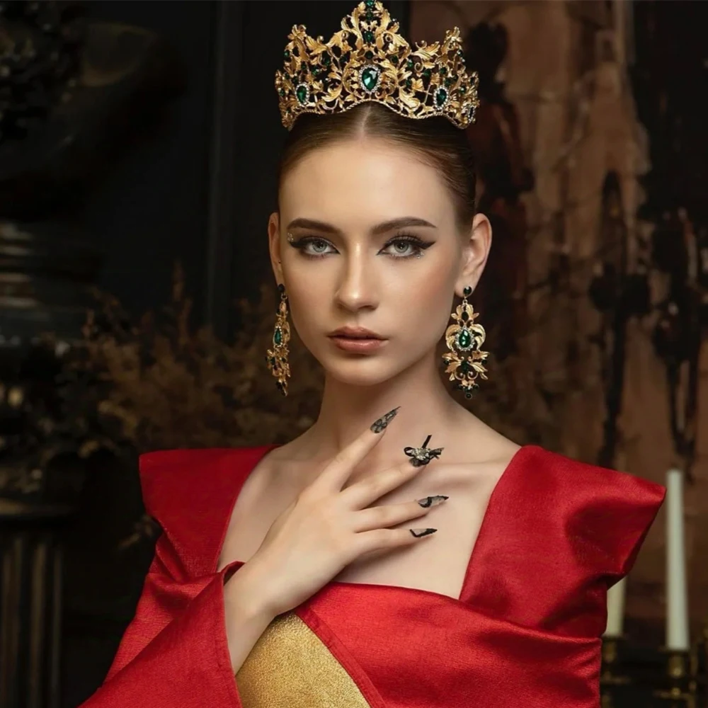 

Красный/зеленый свадебный головной убор в стиле барокко для невесты в этническом стиле, дворец, королевская корона для волос, аксессуары для волос, классические украшения на голову