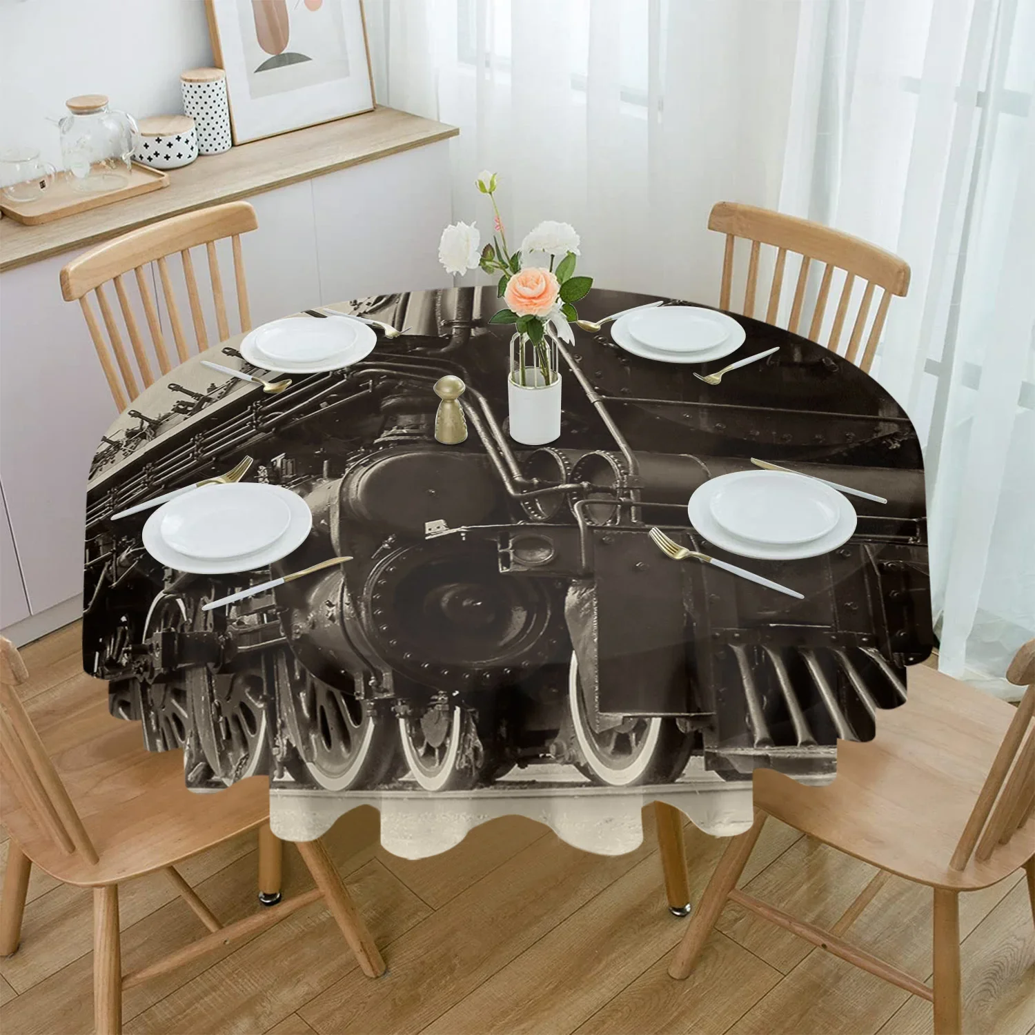 Black And White Train Rectangular Tablecloth Dustproof Picnic Cloth Home Decoration Kitchen Waterproof Table Cover