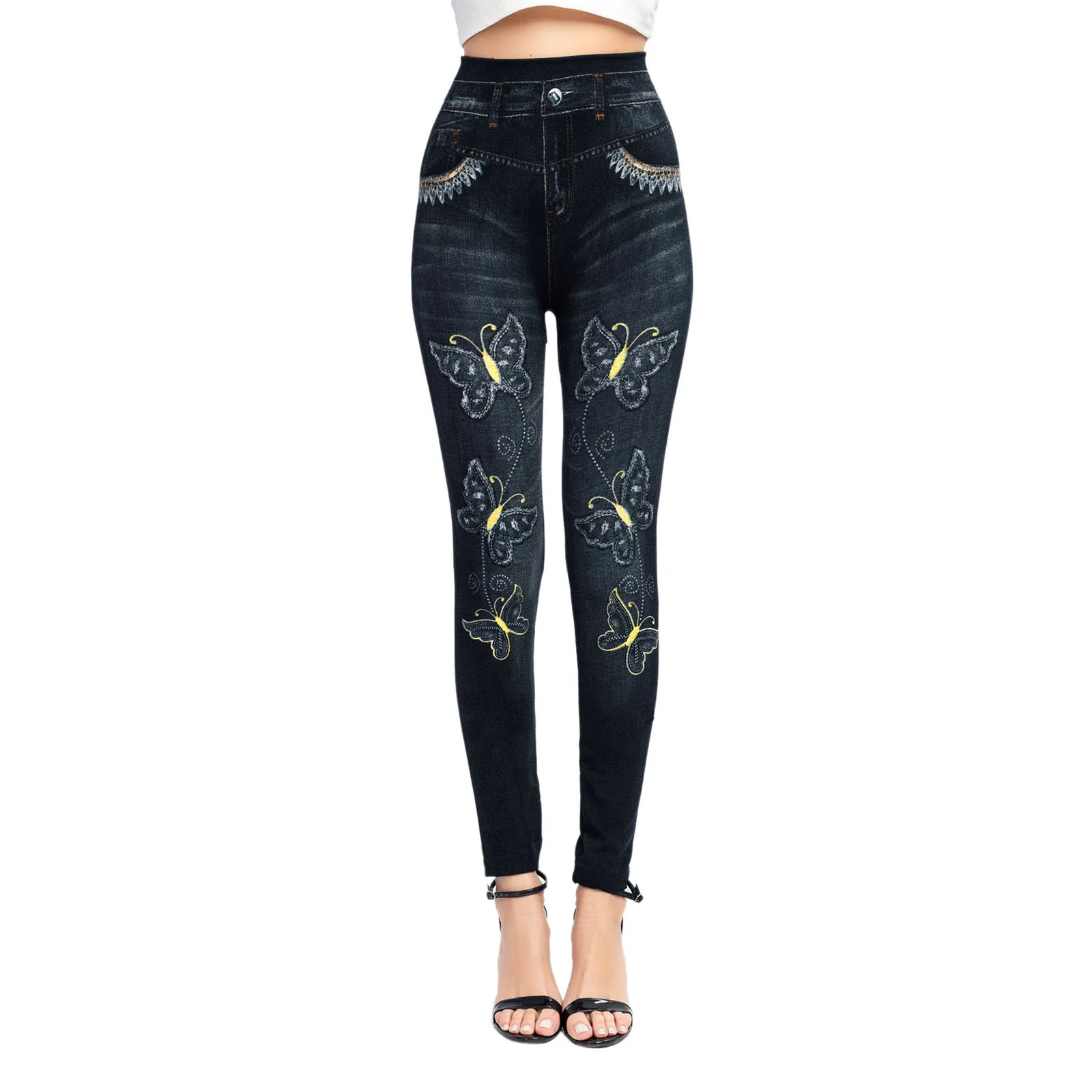 Leggings de gymnastique sexy pour femmes, taille haute, élastique, imprimé papillon, pantalon crayon, faux denim, collants féminins, pantalon de randonnée, nouveau design