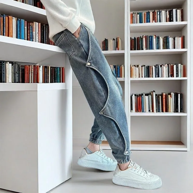 Trousers Men's Denim Harem Pants Trendy Patchwork Relaxed Fit Cuffed Pants New Comfortable Casual Minimalist Niche Fashionable