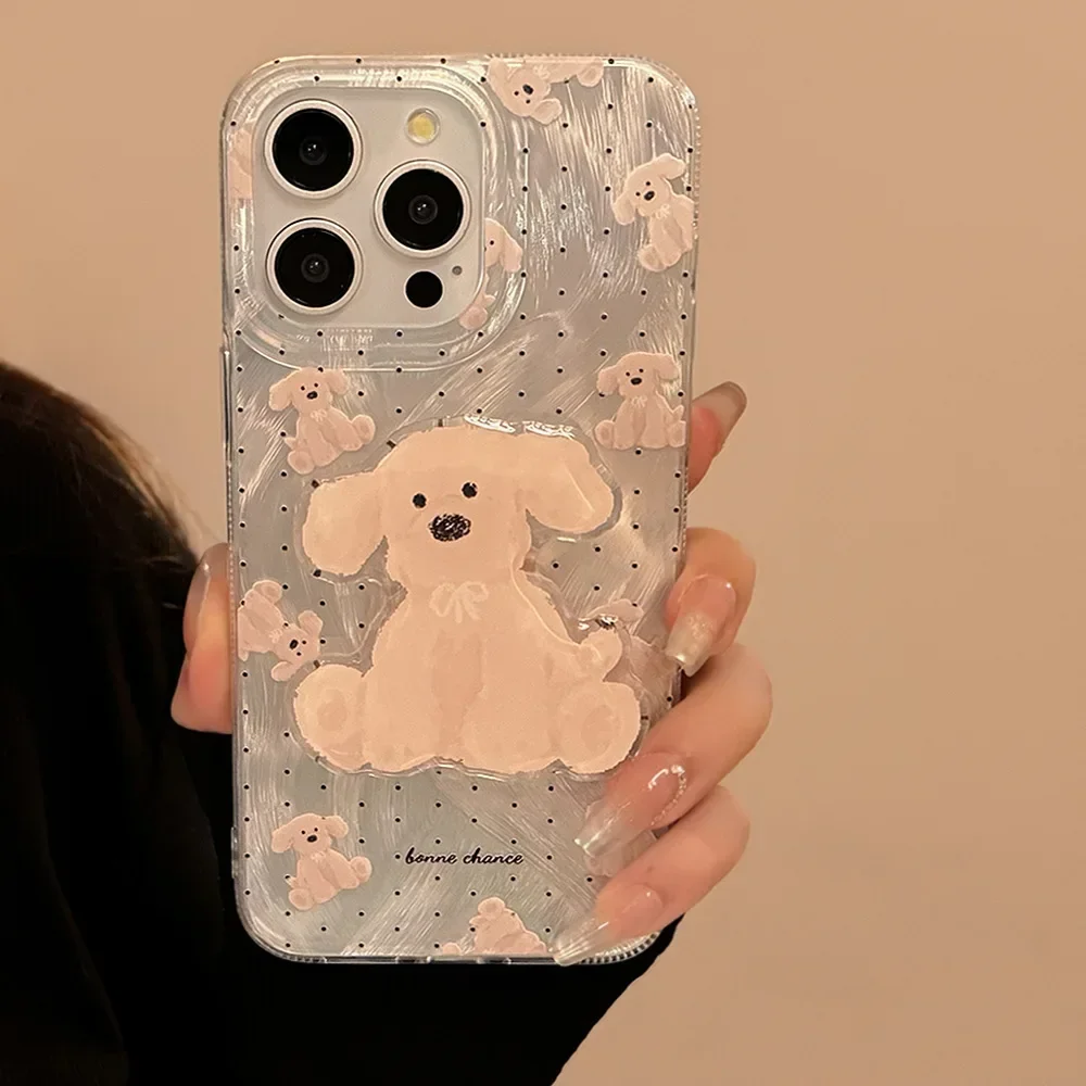 Ins Style Cartoon Polka Dot Puppy Phone Case with Holder for IPhone16 15 14 12 13 11 Pro ProMax Plus Shockproof Phone Cover