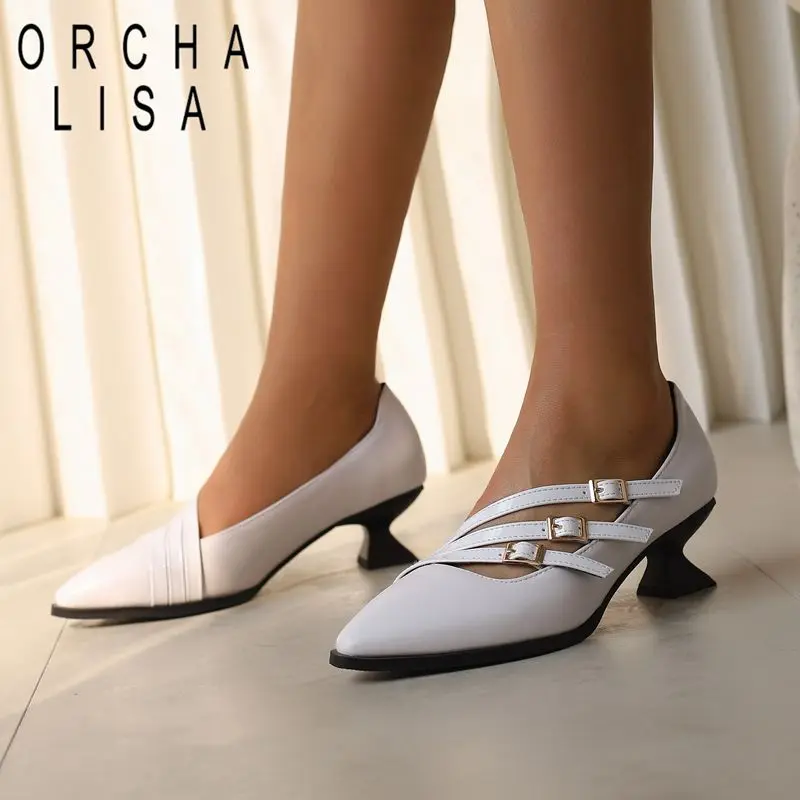 

ORCHA LISA Design Женские туфли-лодочки без шнуровки с металлической пряжкой и украшением Сексуальная женская повседневная обувь Большой размер 47 48, повседневная обувь на каблуке с острым носком