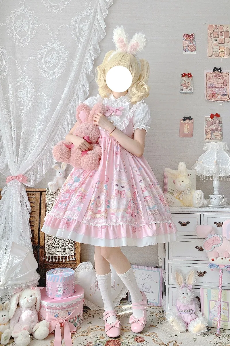 Vestido Lolita Japonês para Meninas, Kawaii Suave, Sem Mangas, Estampa Bonito, Suspender de Boneca, Roupa Feminina, Lolita, S a 4XL