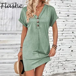 Summer Short Sleeve V Neck Shirt Dress Women Button Design Loose Beach Party Dresses For Women Casual Mini Dress