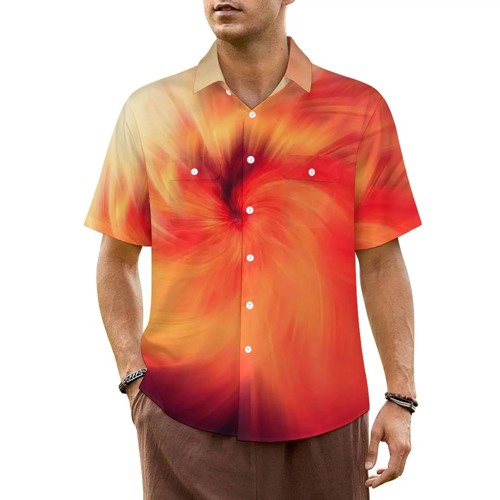 Hawaiian Shirt Beach Fire Blending Blouses Abstract Print Loose Casual Shirts Men Short Sleeve Streetwear Oversized Clothing